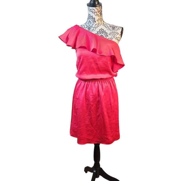 BCBGeneration One Shoulder Lollipop Blouson Ruffle Mini Dress Size L In Hot Pink - Picture 3 of 12